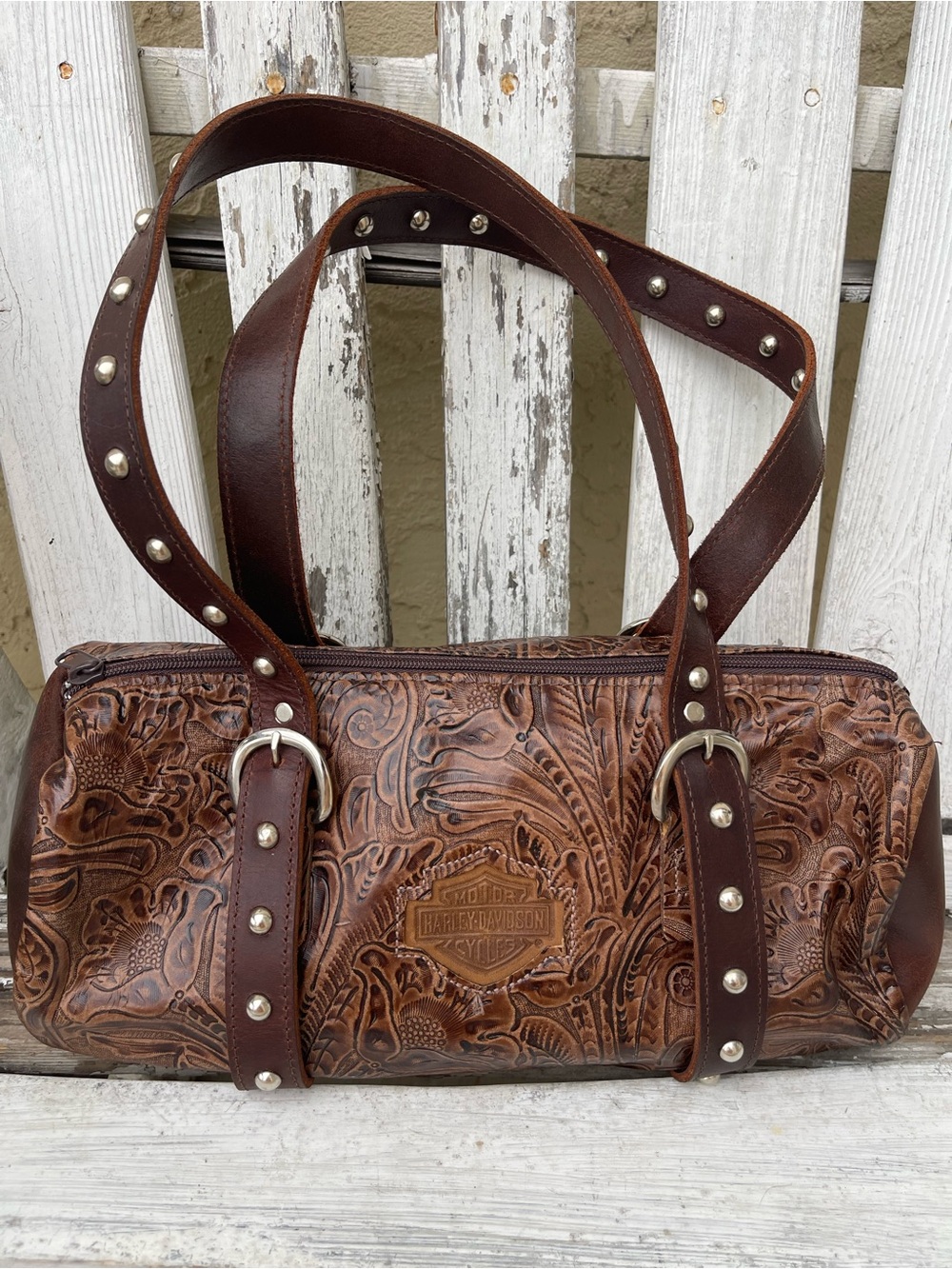 Harley-Davidson Brown Tooled Leather Barrel Satchel Shoulder Bag